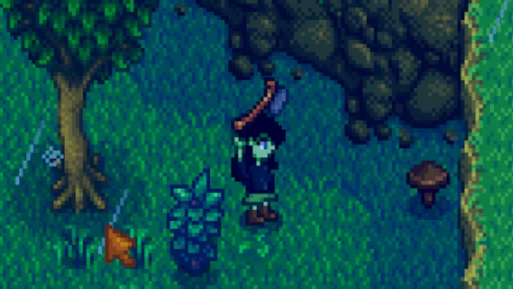 Character holding Robin's Lost Axe in Stardew Valley