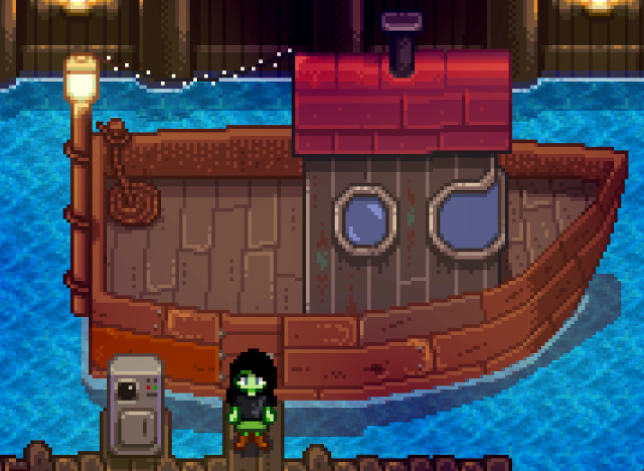 Character next to repaired Ginger Island Ship in Stardew Valley