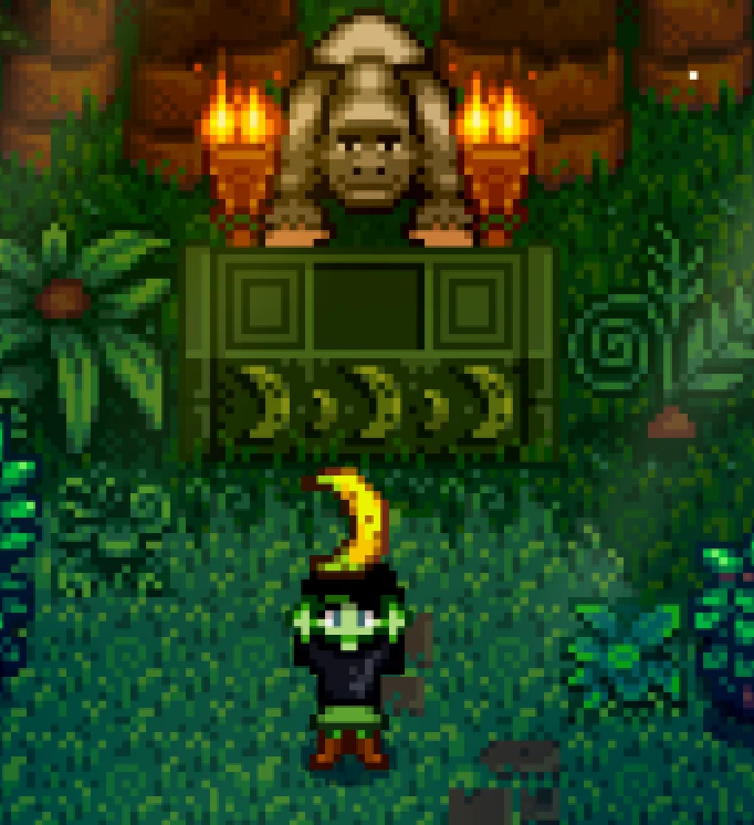 Character with Banana interacting with the Gorilla in Ginger Island Stardew Valley