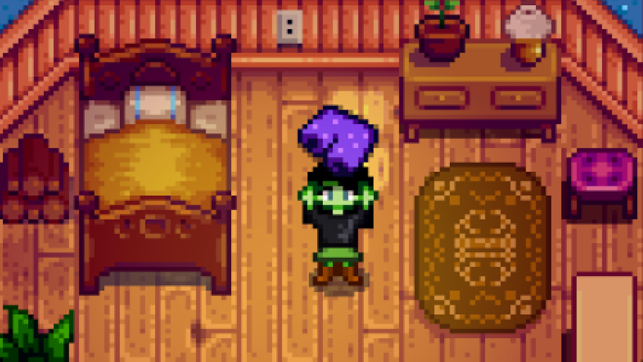 Character holding Mayor Lewis Purple Shorts in Stardew Valley
