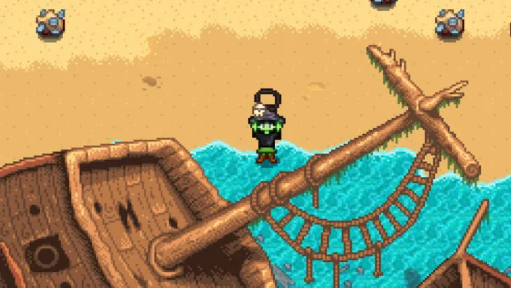 Standing next to Shipwreck of the Pirate for the Pirate's Wife Quest in Stardew Valley