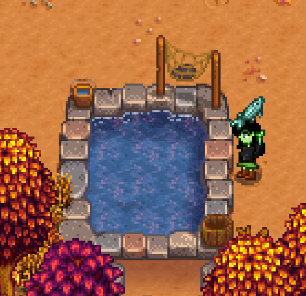 Character placing sturgeon in Pond Stardew Valley