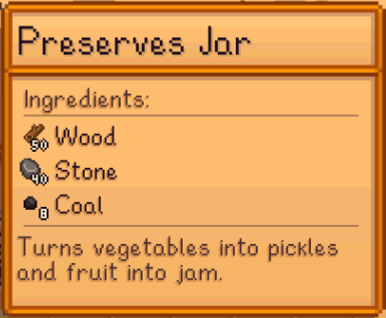 Stardew Valley Preserves Jar pop up crafting recipe