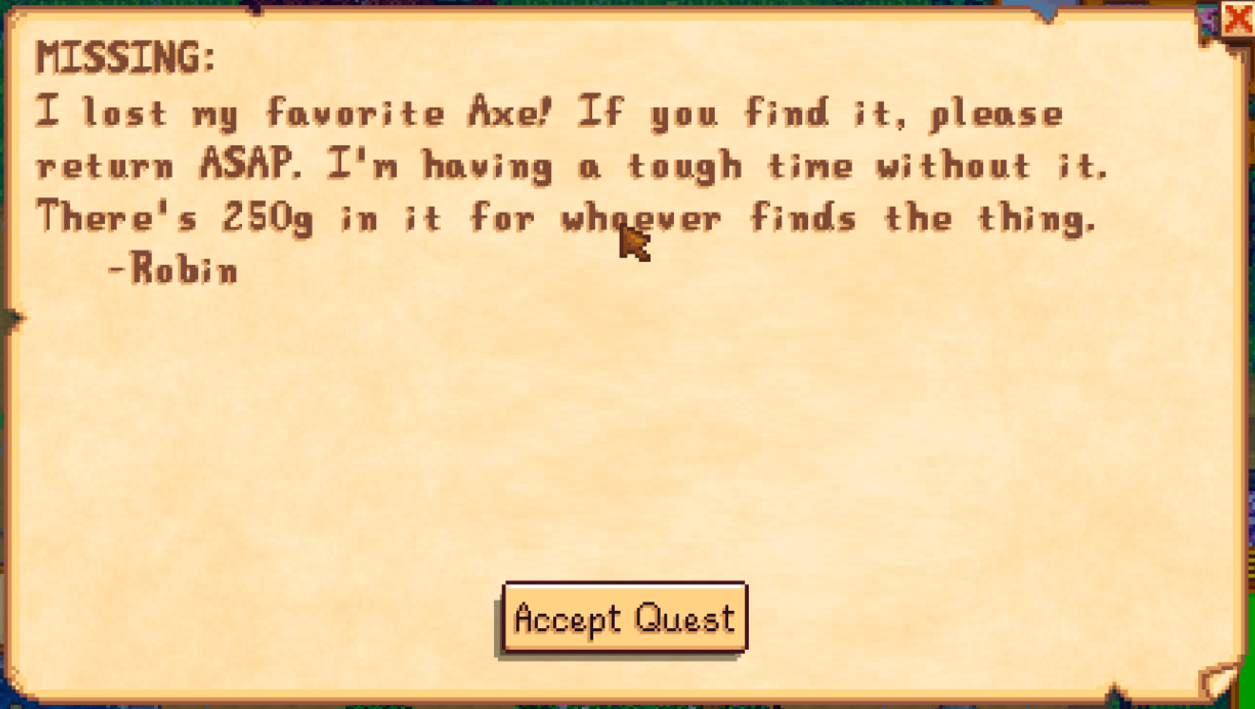 Pop-up prompt of Robin's Lost axe quest in Stardew Valley 