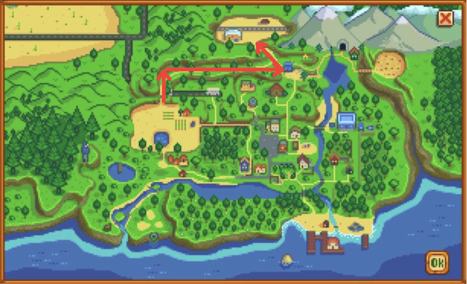 Route with Arrows from Stardew Valley Farm to Railroad Area