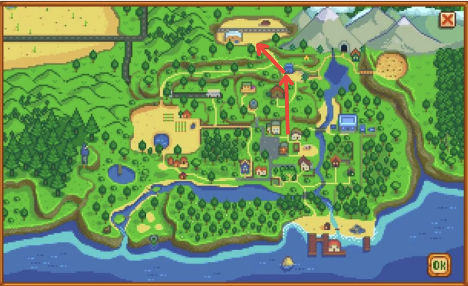 Route with Arrows from Stardew Valley Township to Railroad Area