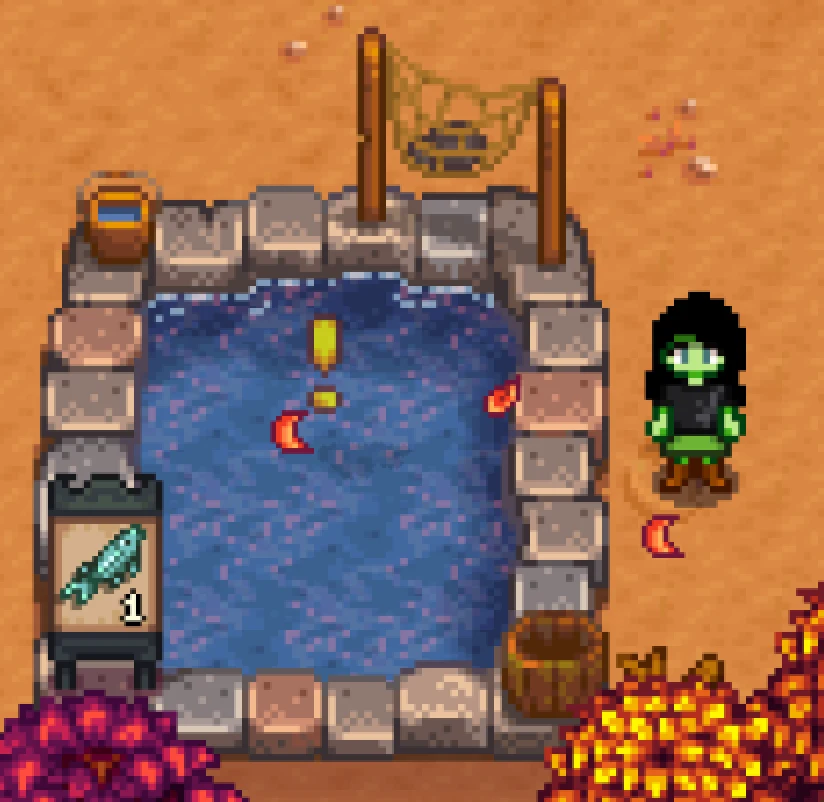 Character standing next to sturgeon fish pond in Stardew Valley 