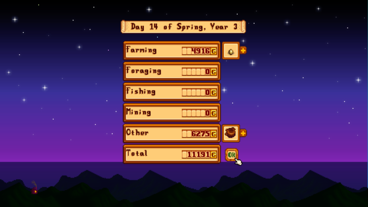 Step 3 for Stardew Valley Saving: Click Through Your Daily Earnings