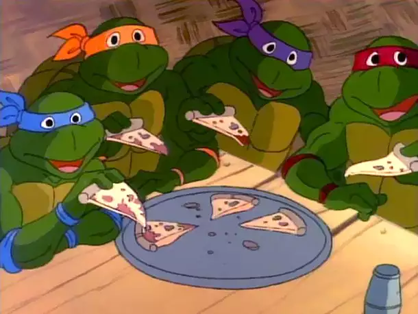 Teenage Mutant Ninja Turtles eating pizza