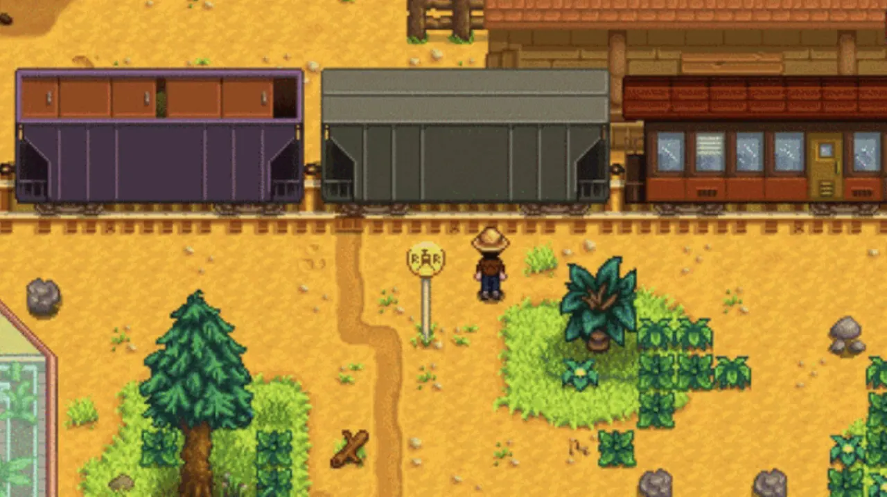 Train Passing through Railroad Area in Stardew Valley as Character Watches