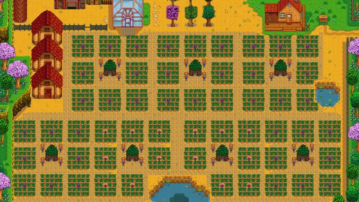 A Stardew Valley standard farm layout optimized for Junimo huts. There are seven huts surrounded by scarecrows and crops, three sheds, a small area for animals, and a small orchard of fruit trees.