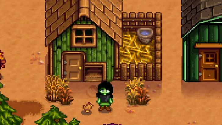 Character outside chicken coop with chick Stardew Valley