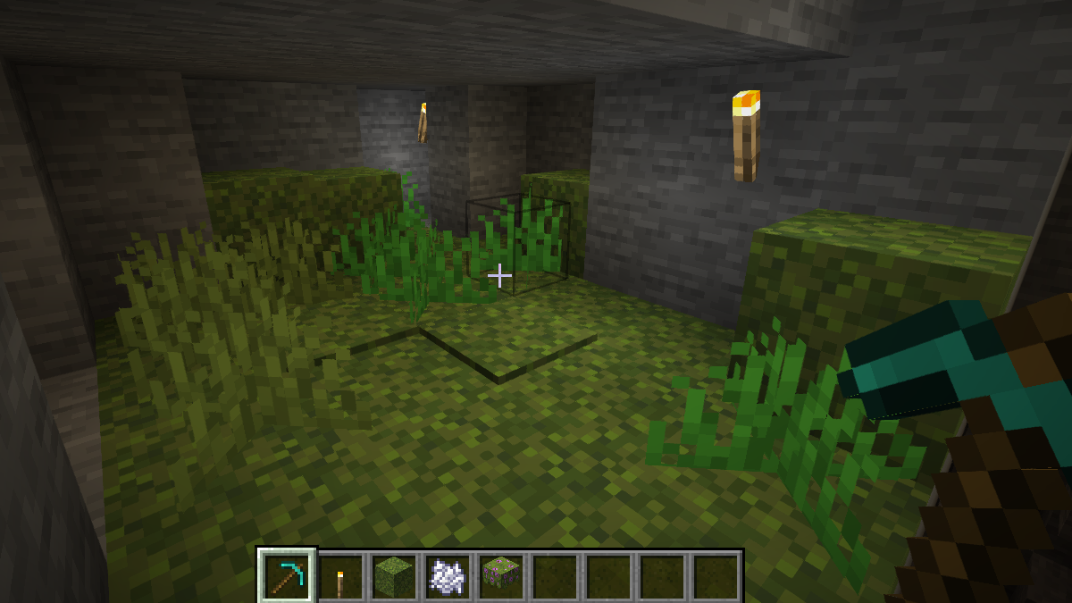Moss Mining with a Diamond Pickaxe in a cave