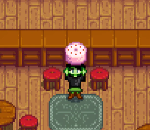 Player with pink cake Stardew Valley