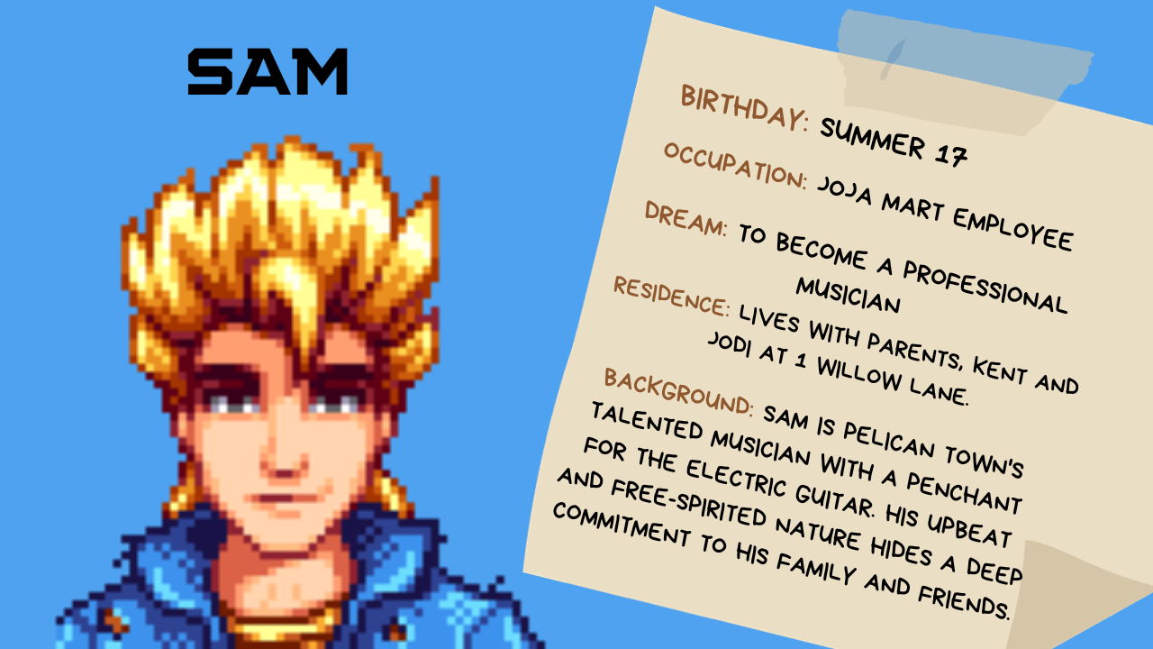 Sam from Stardew Valley: Schedule, Gifts, Heart Events and FAQs