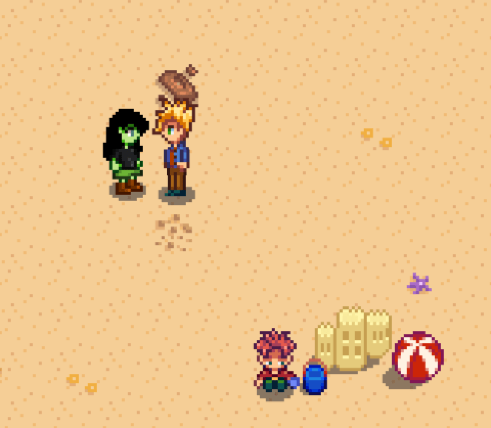 Sam's three heart cutscene, at the beach with his brother stardew valley
