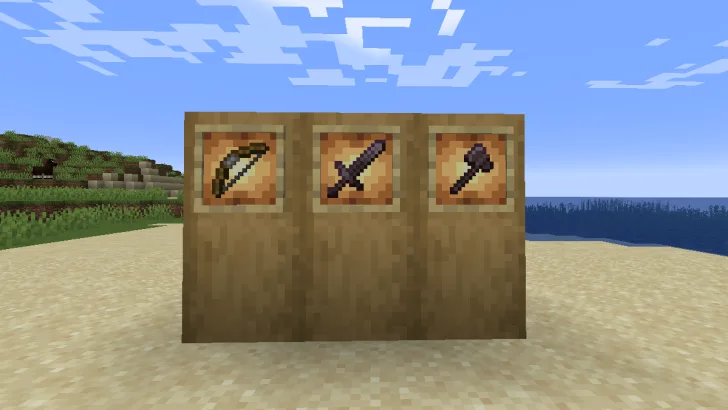 Netherite Sword, Bow, and Netherite Axe showcased on Item Frames hanging from Wooden Planks