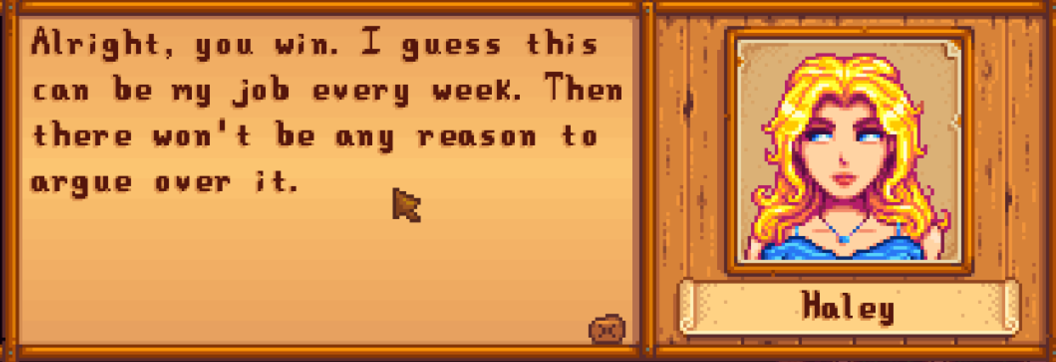Haley's reaction to correct dialouge option to two heart cutscene Stardew Valley