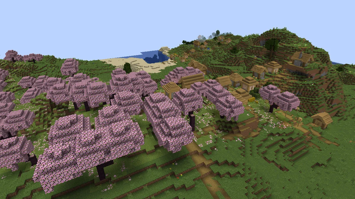A Plains Village generated inside a Cherry Grove biome