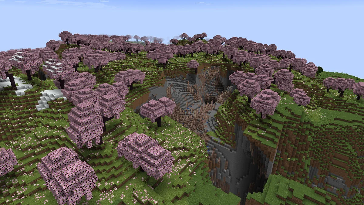 Huge Cherry Grove biome next to an exposed Dripstone Cave