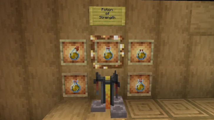 All 5 variants of a Potion of Strength showcased on Item Frames with a Brewing Stand