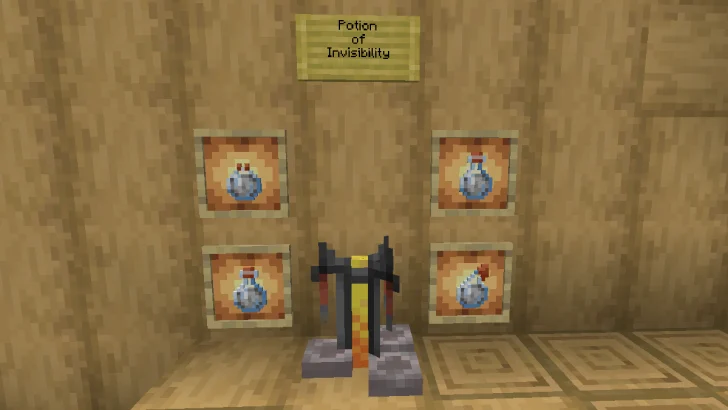 All 4 variants of a Potion of Invisibility showcased on Item Frames with a Brewing Stand