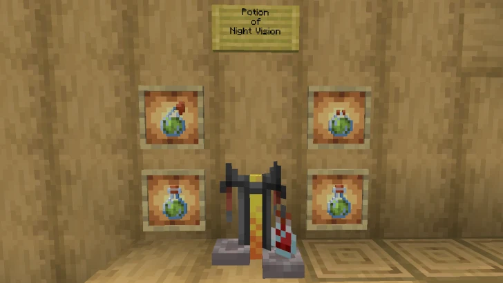 All 4 variants of a Potion of Night Vision showcased on Item Frames with a Brewing Stand