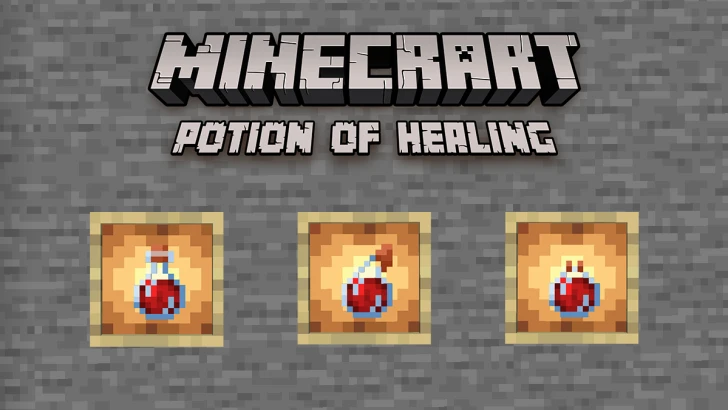 Variants of a Potion of Healing showcased on Glowing Item Frames placed on a Cobblestone wall
