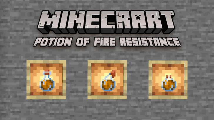 Variants of a Potion of Fire Resistance showcased on Glowing Item Frames placed on a Cobblestone wall