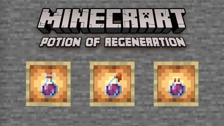 Variants of a Potion of Regeneration showcased on Glowing Item Frames placed on a Cobblestone wall