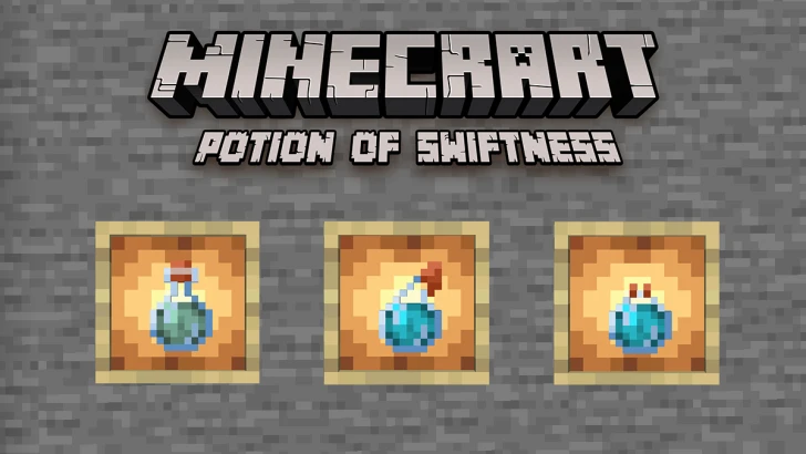 Variants of a Potion of Swiftness showcased on Glowing Item Frames placed on a Cobblestone wall