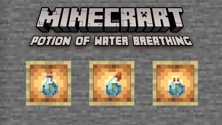 Variants of a Potion of Water Breathing showcased on Glowing Item Frames placed on a Cobblestone wall